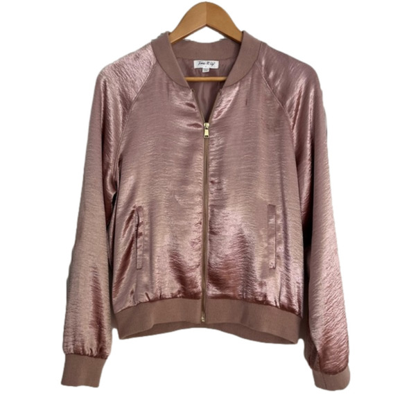 Tone It Up Pink Satin Bomber Jacket. Front Zip. Mob Wife. Palm trees. LARGE - Picture 16 of 16